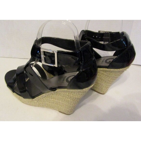 G by Guess Sandals Black Patent Leather Wedge Rope Heels Womens Size 8M - Picture 5 of 8